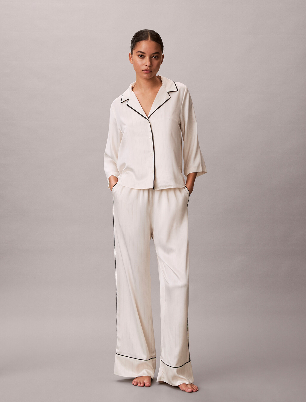 Satin Sheen Short Sleeve Shirt, DOTTED LOGO PINSTRIPE IVORY, hi-res