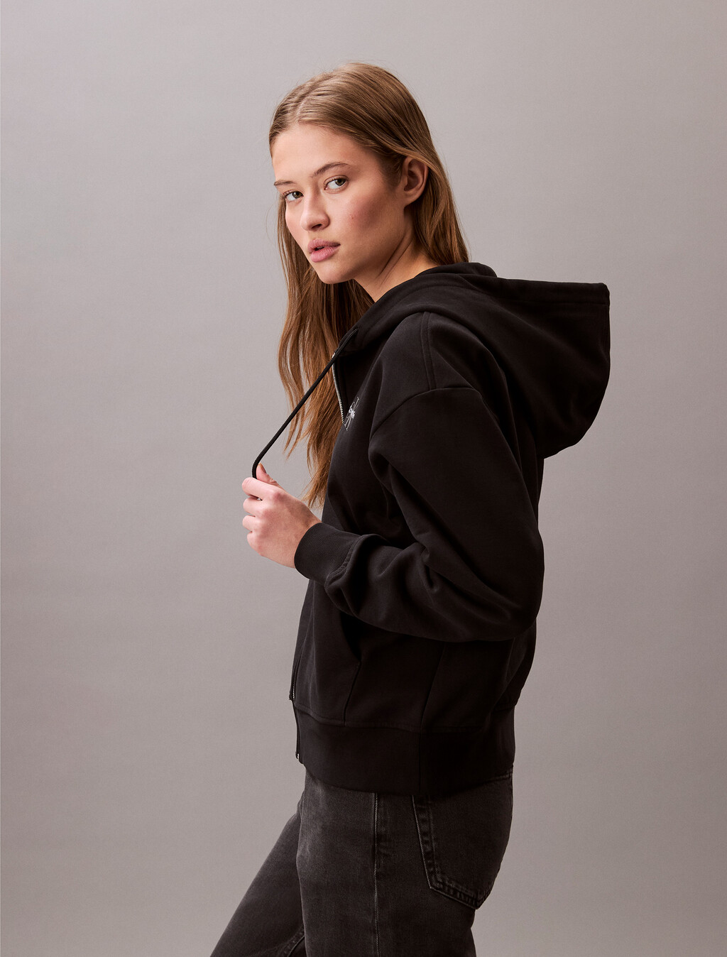 Monogram Cotton Terry Zip Thru Hoodie, Black, hi-res