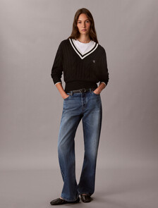 Cable Knit V-Neck Sweater, Black, hi-res