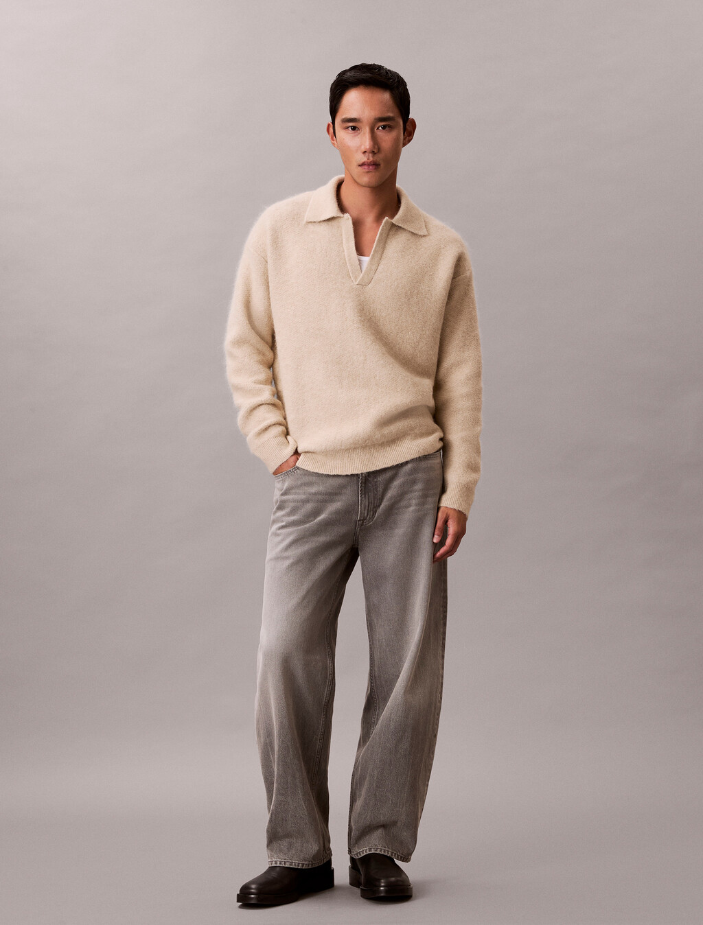 Brushed Alpaca Blend Johnny Collar Jumper, Pelican, hi-res