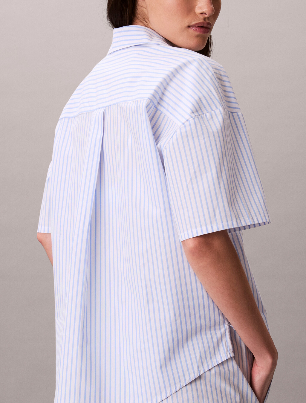 Cotton Poplin Pyjama Button-Down Shirt, SERA STRIPE BLUE DESCENT, hi-res