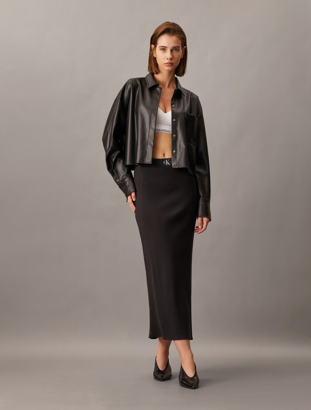 Faux Leather Cropped Shirt, Ck Black, hi-res