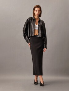 Faux Leather Cropped Shirt, Ck Black, hi-res