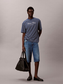 Relaxed Cotton Piqu&eacute; Stripe T-shirt, Dark Denim, hi-res