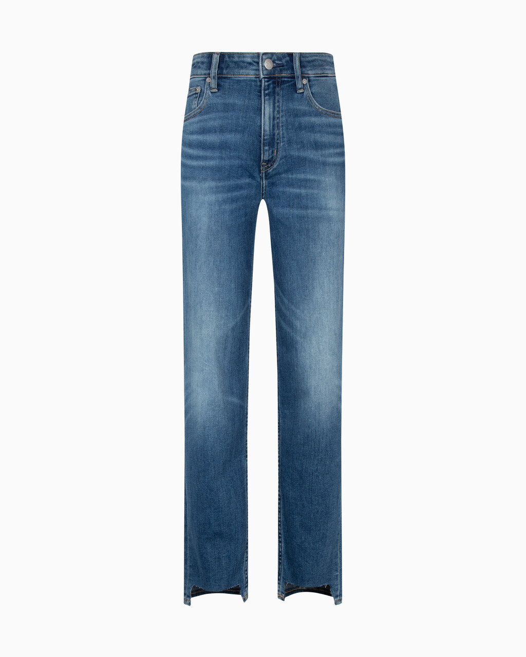 Italian Denim High Rise Slim Straight Jeans, Med Blue Side Emboss, hi-res