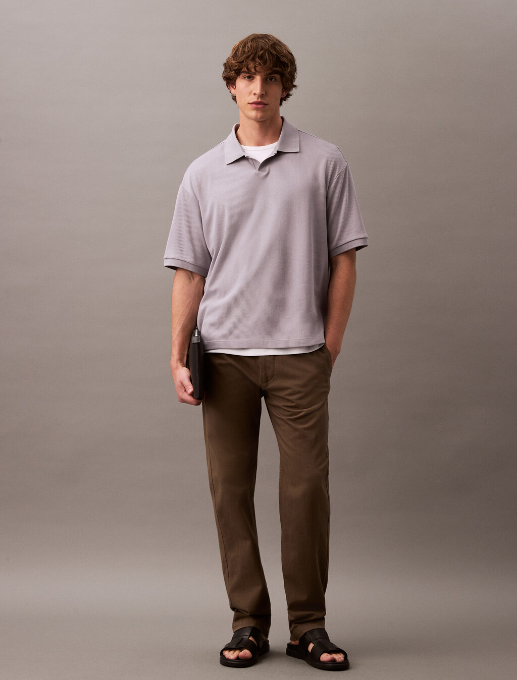 Relaxed Ribbed Cotton Polo Shirt, Lilac Gray, hi-res