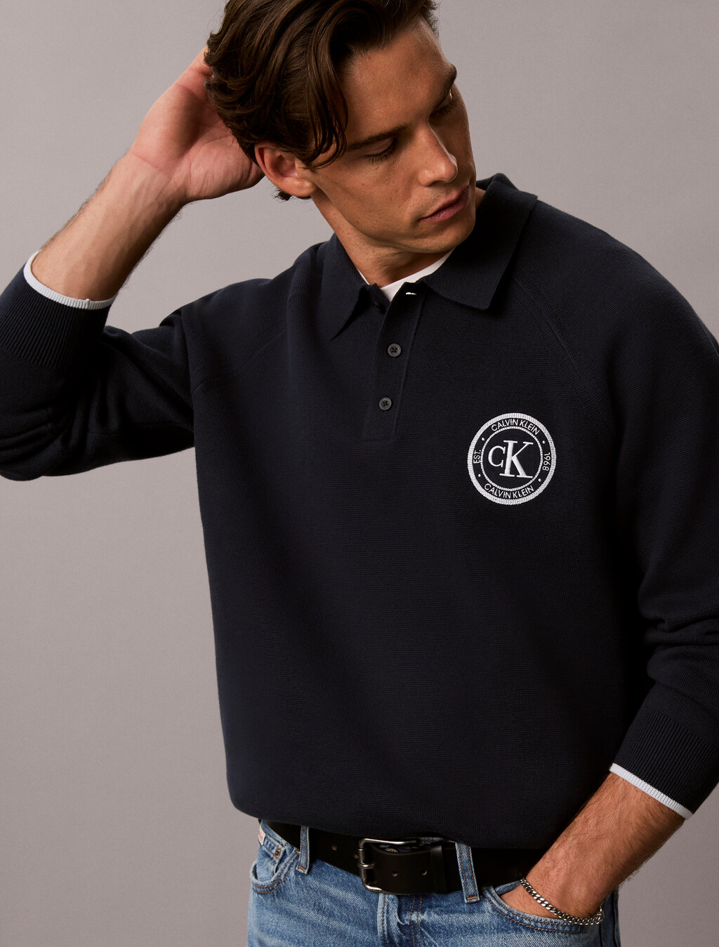 Cotton Knit Varsity Polo Jumper, Dark Sapphire, hi-res