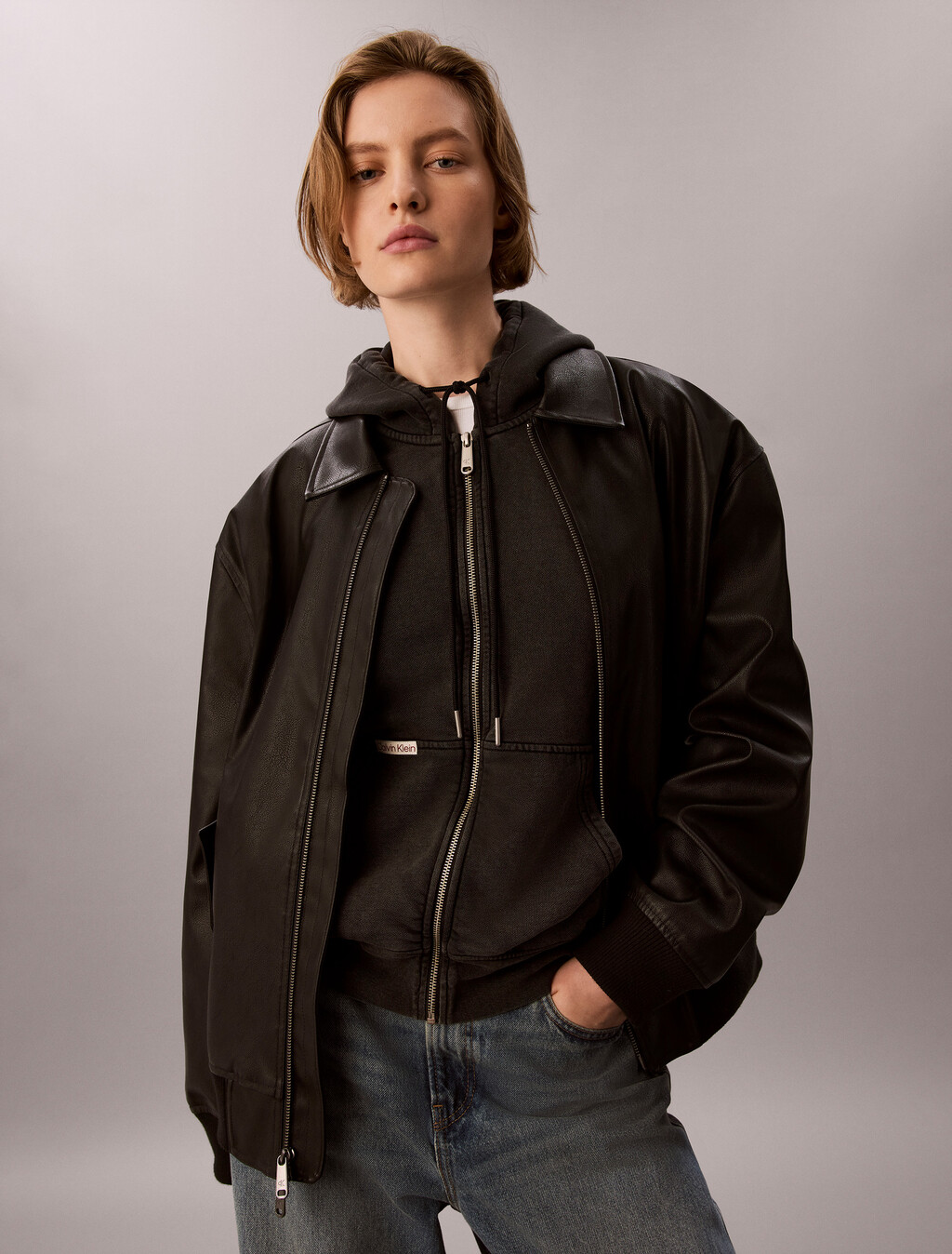 Washed Cotton Terry Zip Through Hoodie, Black, hi-res