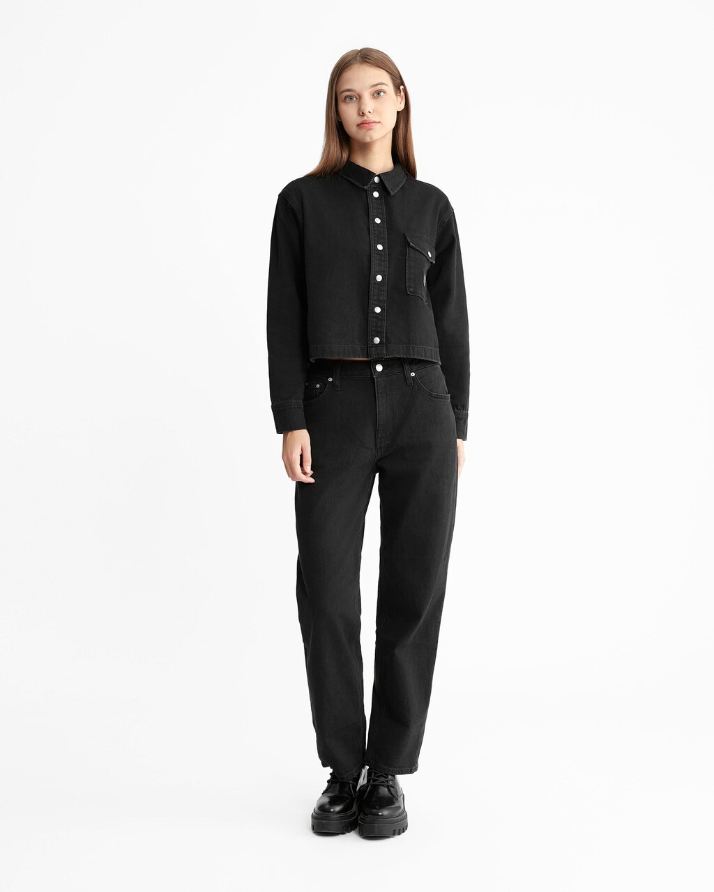 Cropped Dad Denim Shirt, Denim Black, hi-res