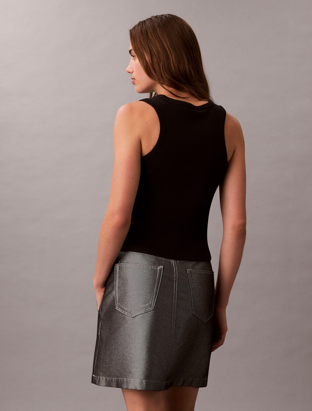 Cotton Stretch Rib Tank Top, Black, hi-res