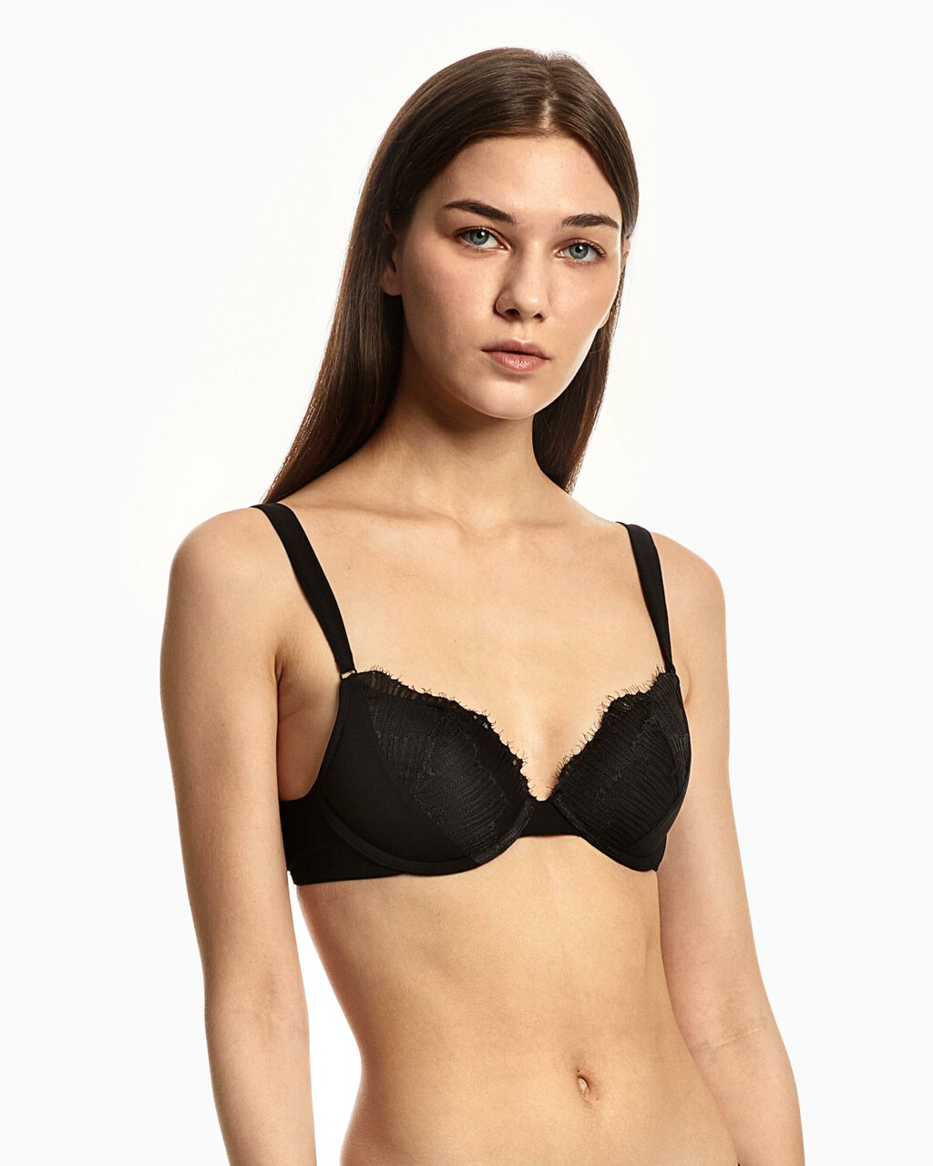 CK Black Linear Lace Push Up Plunge Bra, Black, hi-res