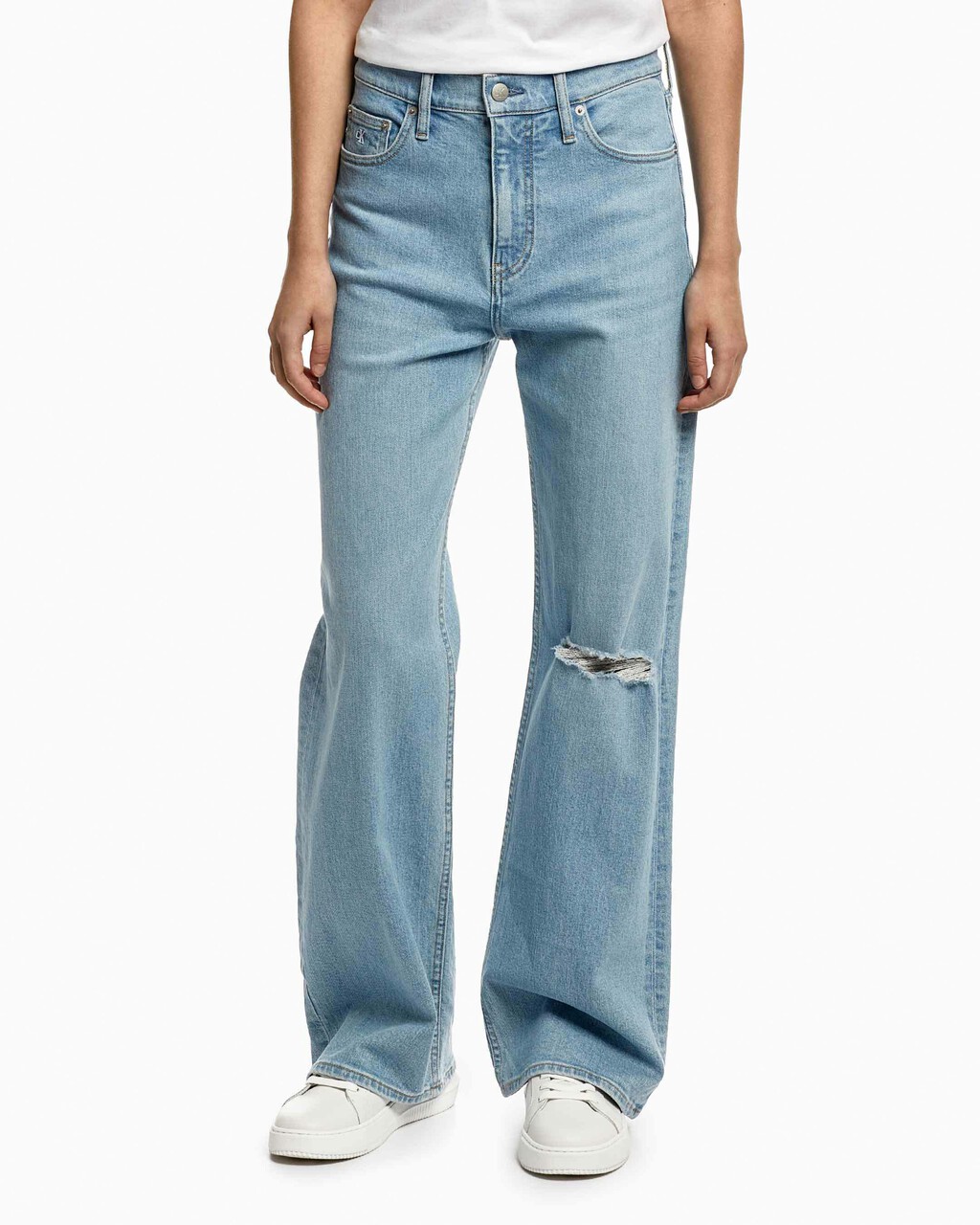 LIGHT WASH HIGH RISE WIDE LEG DISTRESSED JEANS, Light Blue Dstr Back Embro, hi-res