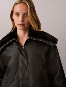 Faux Leather Bomber Jacket, Black, hi-res