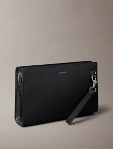 Saffiano Emblem Zip Pouch with Handle, Black, hi-res