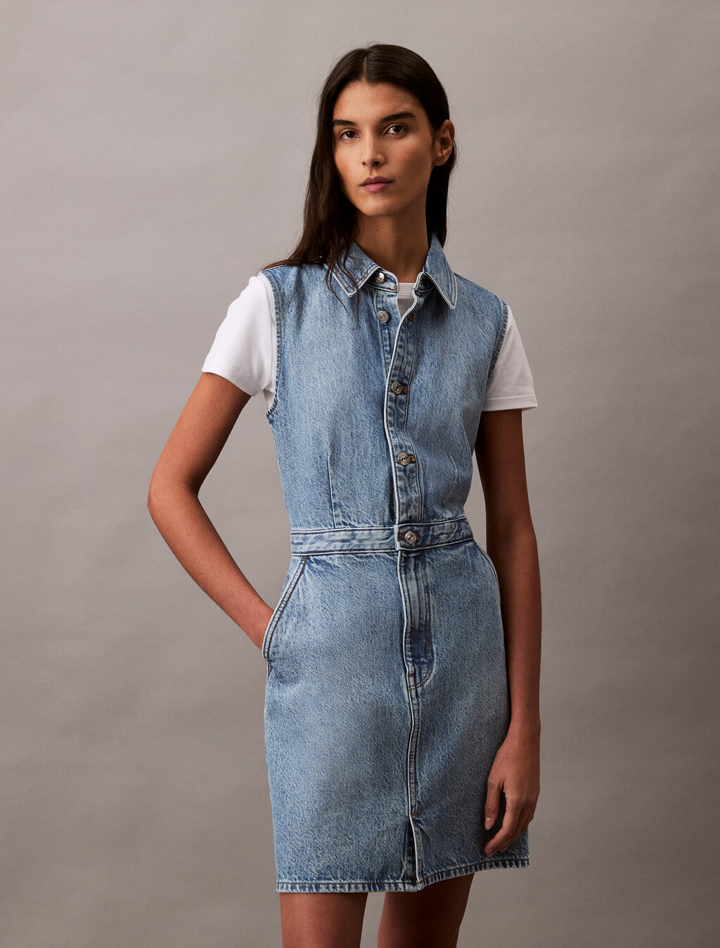 Sleeveless Denim Mini Dress, SAGE STONE, hi-res