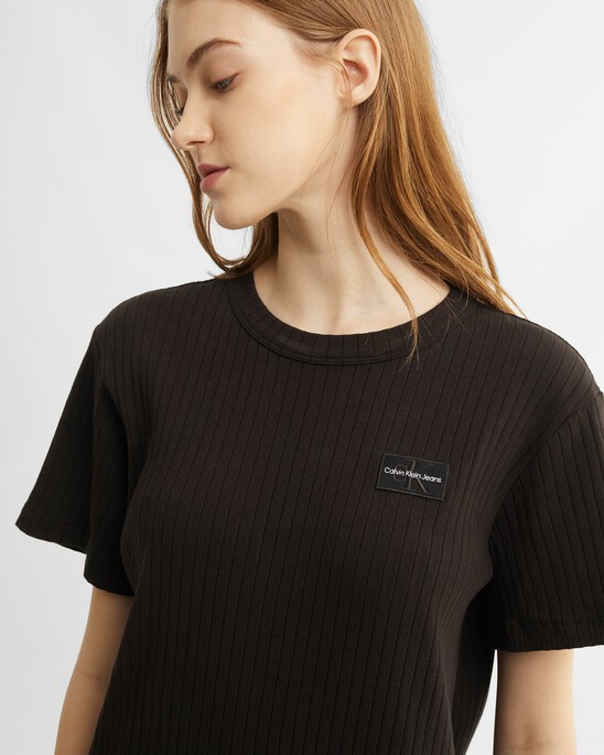 RECONSIDERED MONOGRAM BADGE RIB-KNIT DRESS