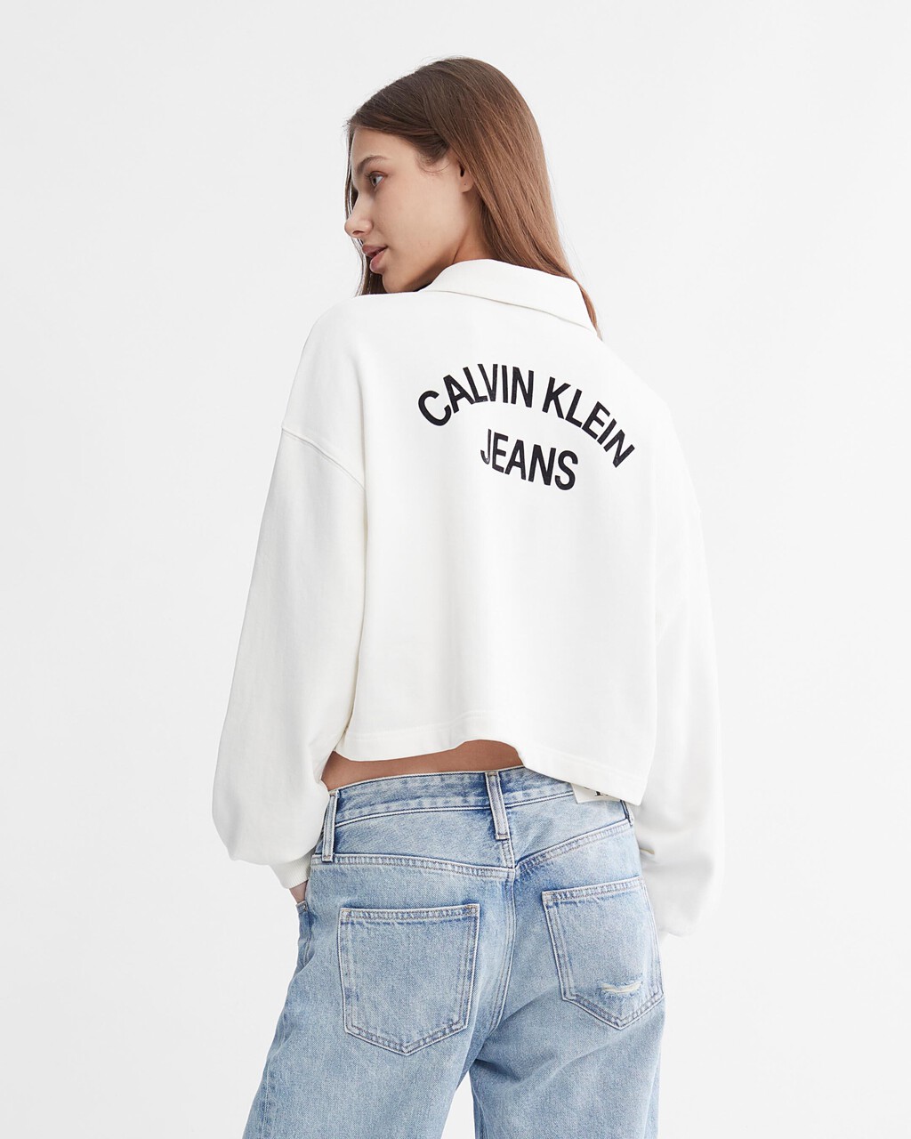 Varsity Polo Neck Pullover Sweatshirt, Ivory, hi-res