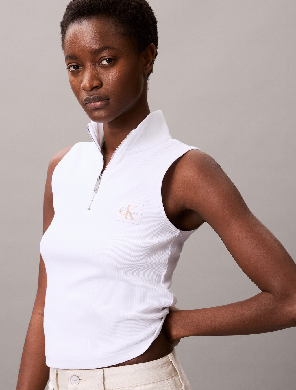Sleeveless Quarter Zip Top, Brilliant White, hi-res