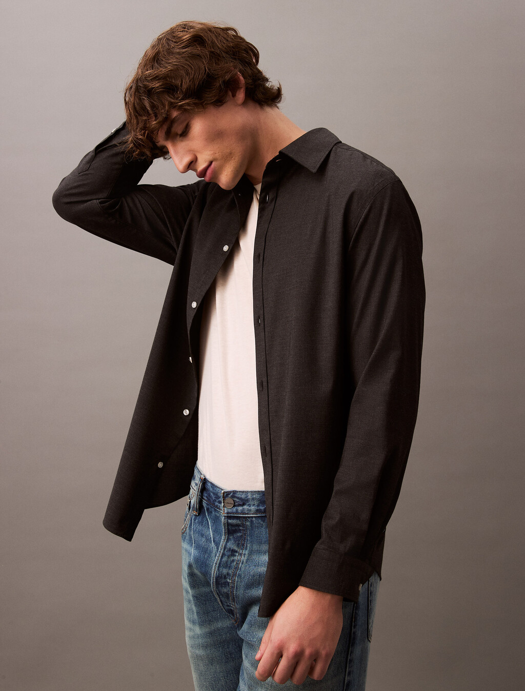 Relaxed Wool Blend Button-Down Shirt, Charcoal Heather, hi-res