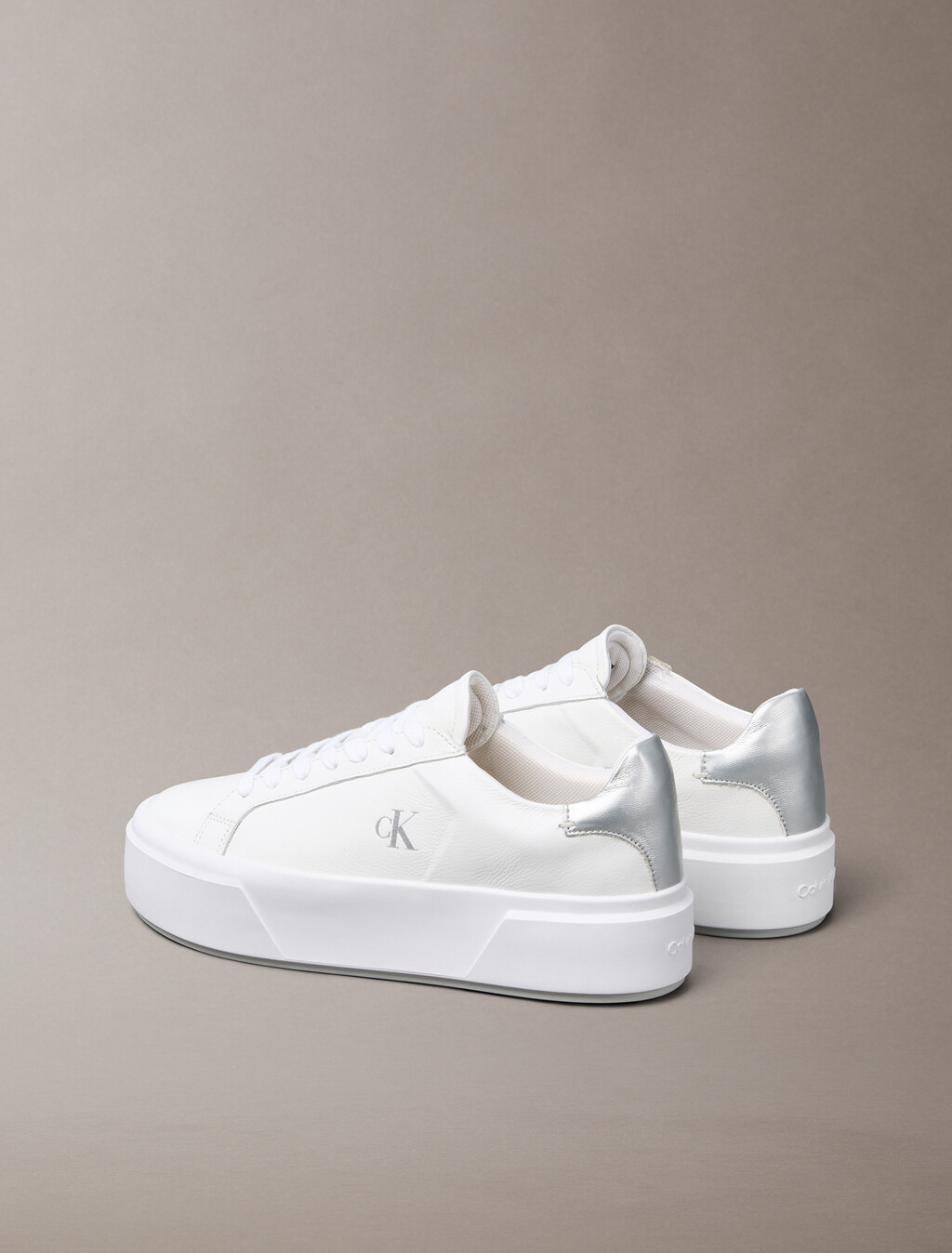 Sienna - Leather Logo Platform Trainers, Bright White/Silver, hi-res