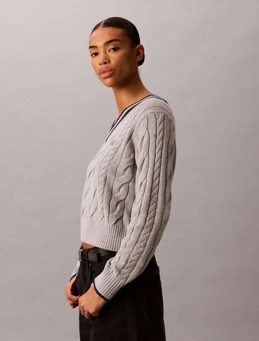 Cable Knit V-Neck Sweater, B10 Grey Heather, hi-res