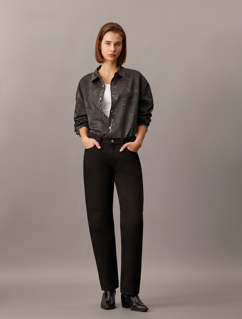 Denim Print Button-Down Shirt, Black Denim Print, hi-res