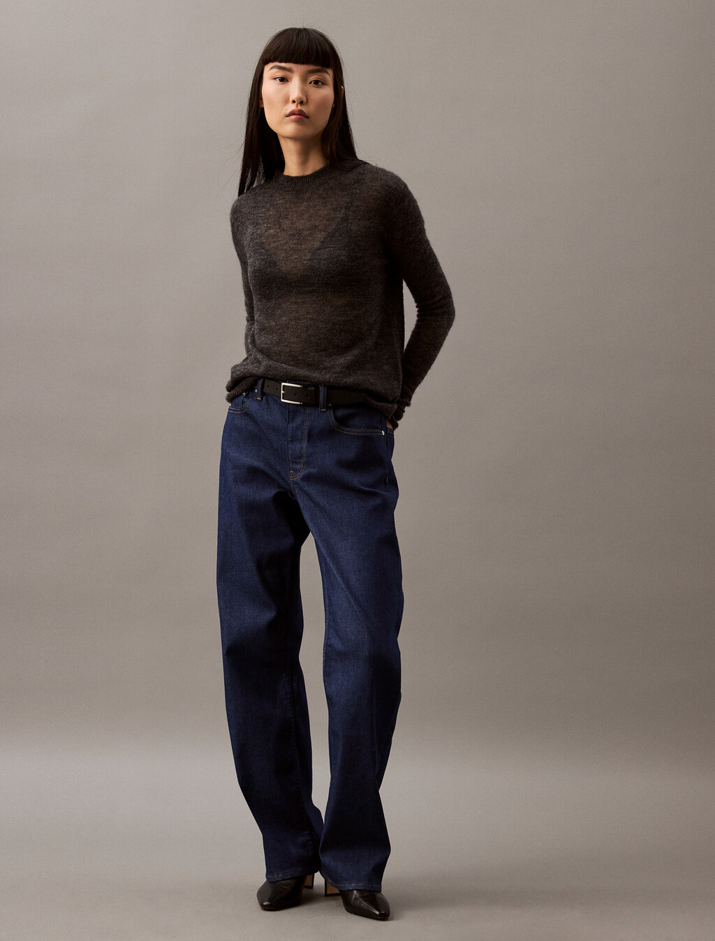 Sheer Alpaca Fine Gauge Crewneck Sweater, Gun Metal Heather, hi-res