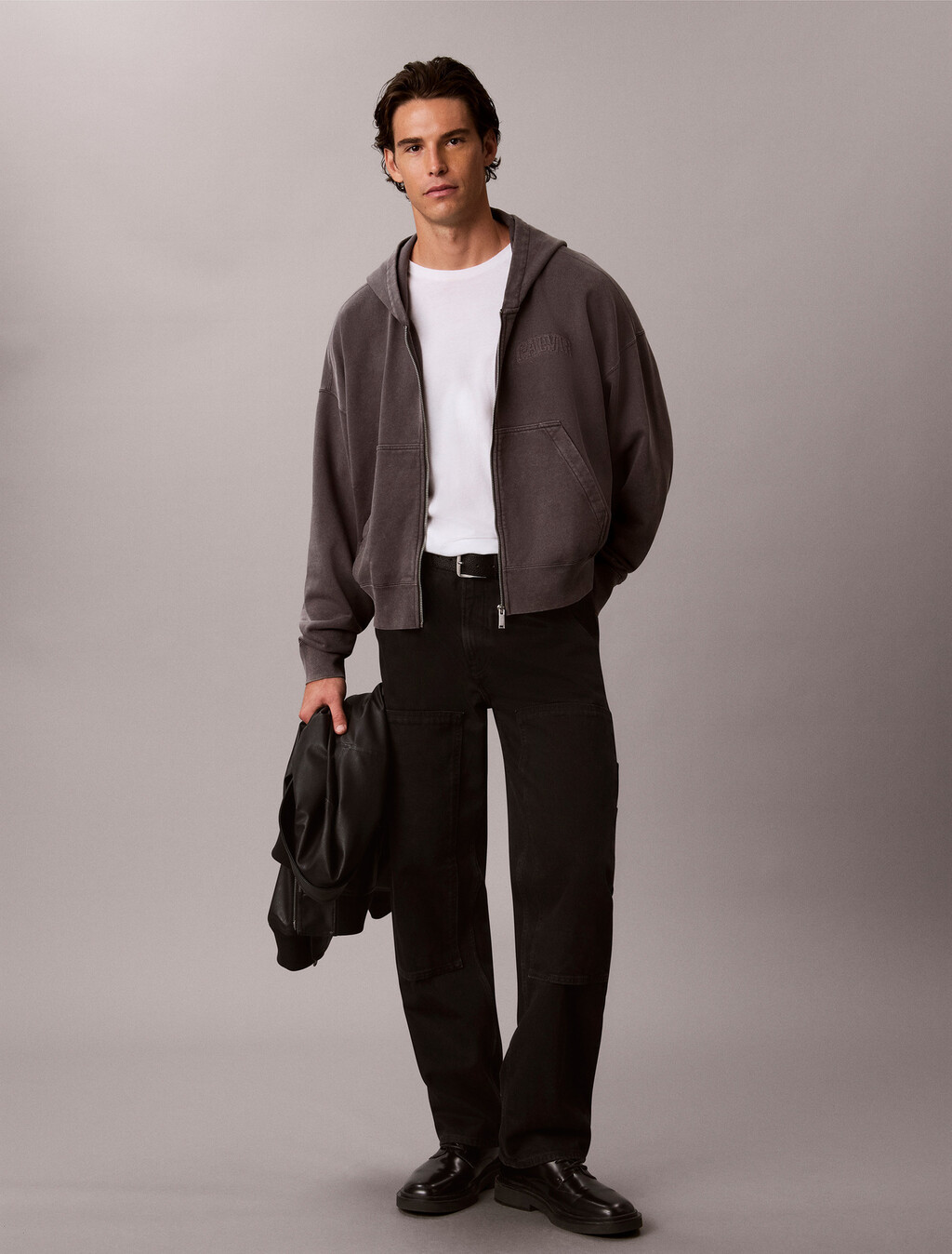 Garment-Dyed Boxy Zip-Up Hoodie, Volcanic Ash, hi-res