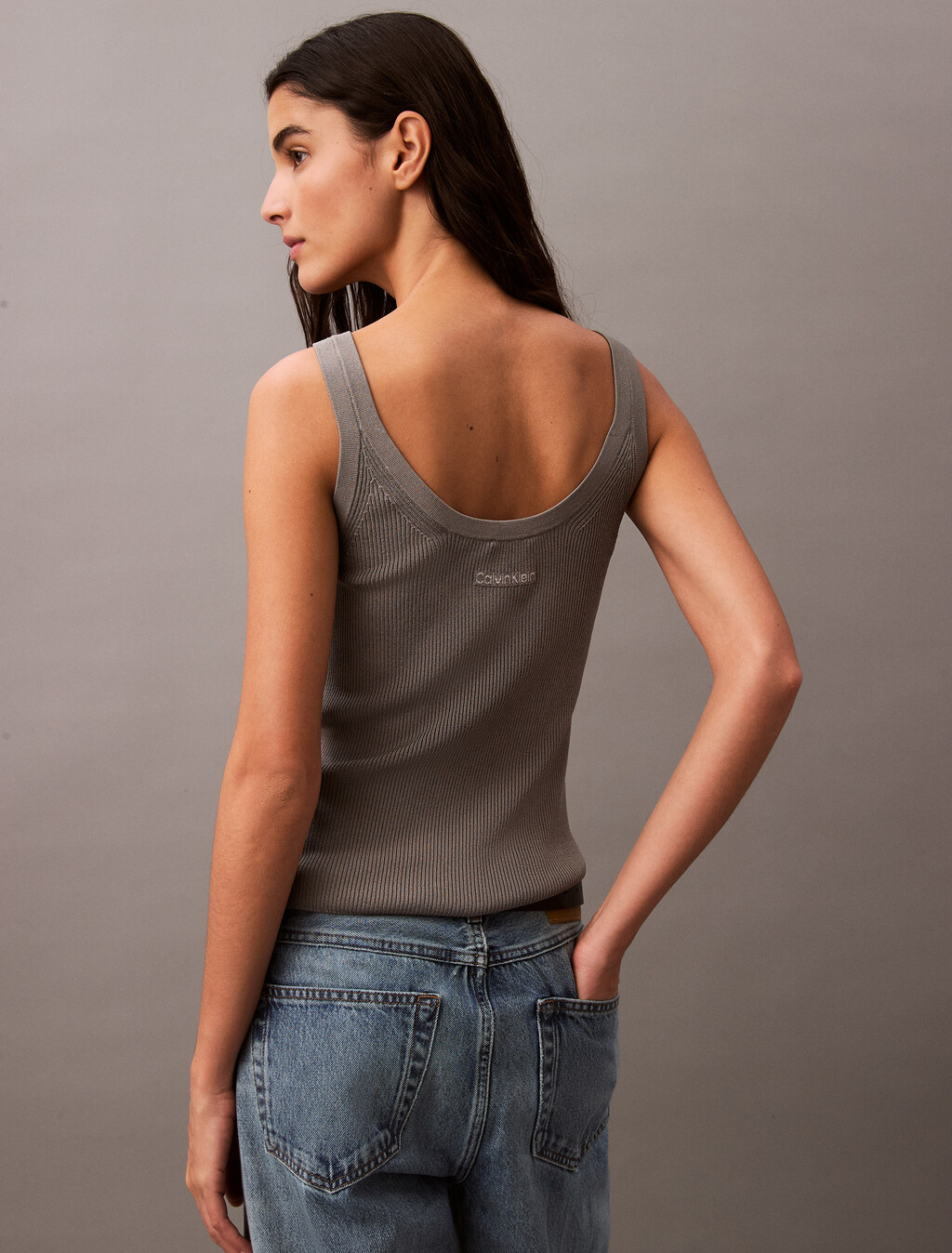 Viscose Rib Knit Tank Top, Turtledove, hi-res