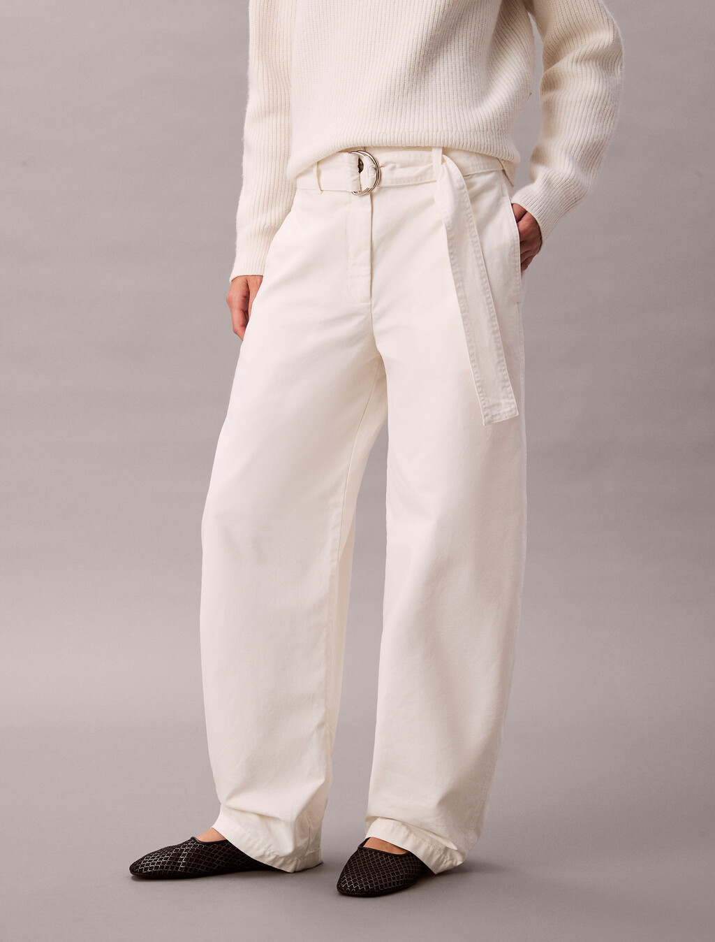 Cotton Relaxed Belted Pants, White Greige, hi-res