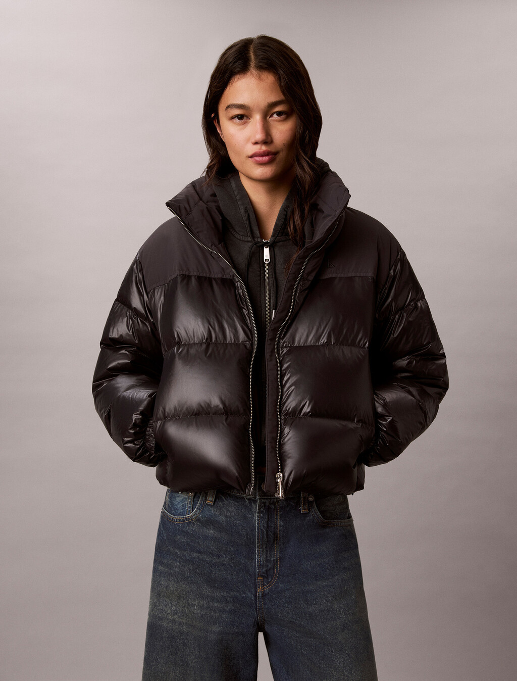 Matte Shine Down Puffer Jacket, Black, hi-res