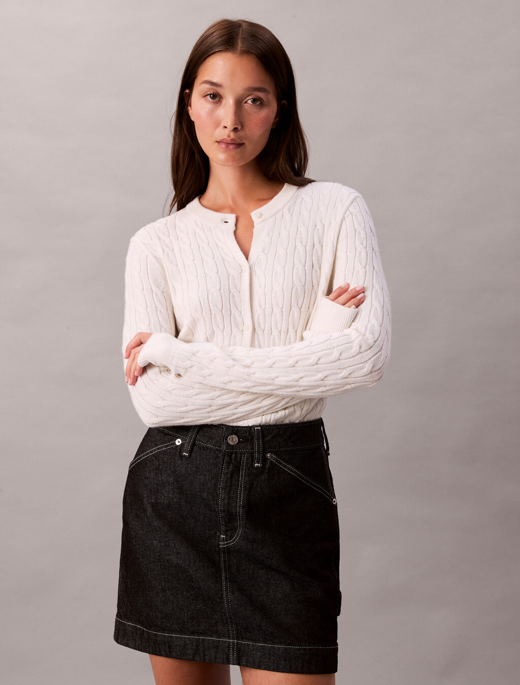 Merino Wool Blend Cable Cardigan, White Greige, hi-res