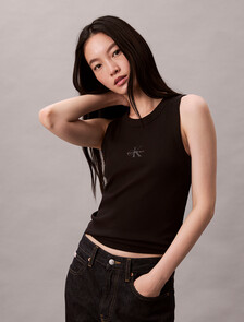 Monogram Rib Knit Tank Top, Black, hi-res
