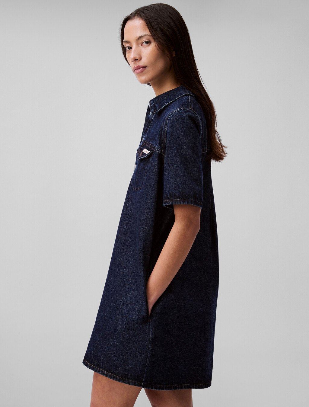 Denim A-line Mini Dress, DARK CK BLUE, hi-res