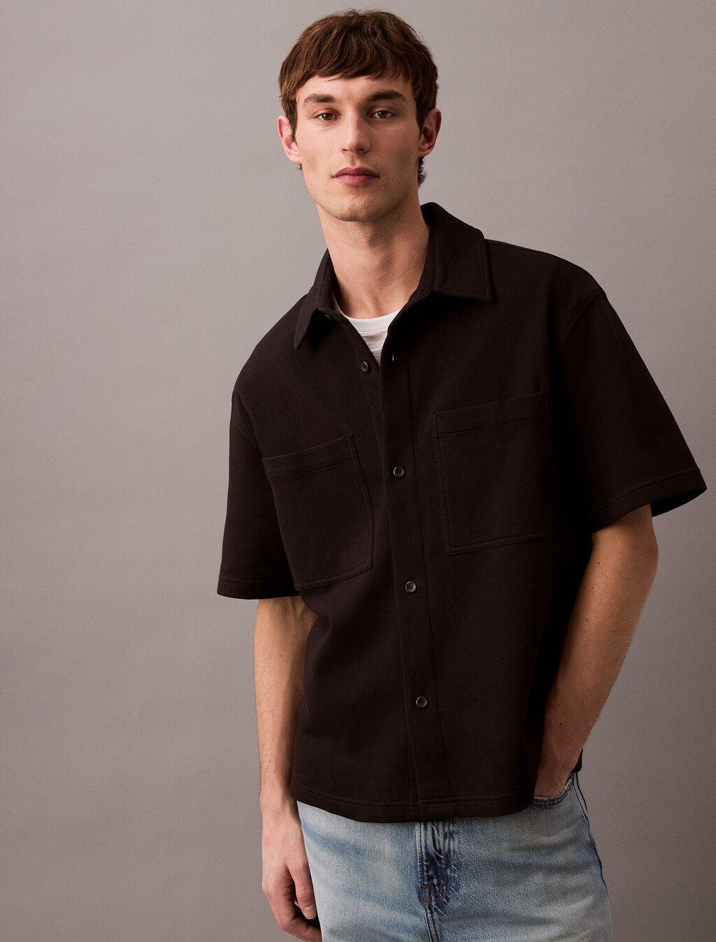 Textured Pique Relaxed Overshirt, Black, hi-res