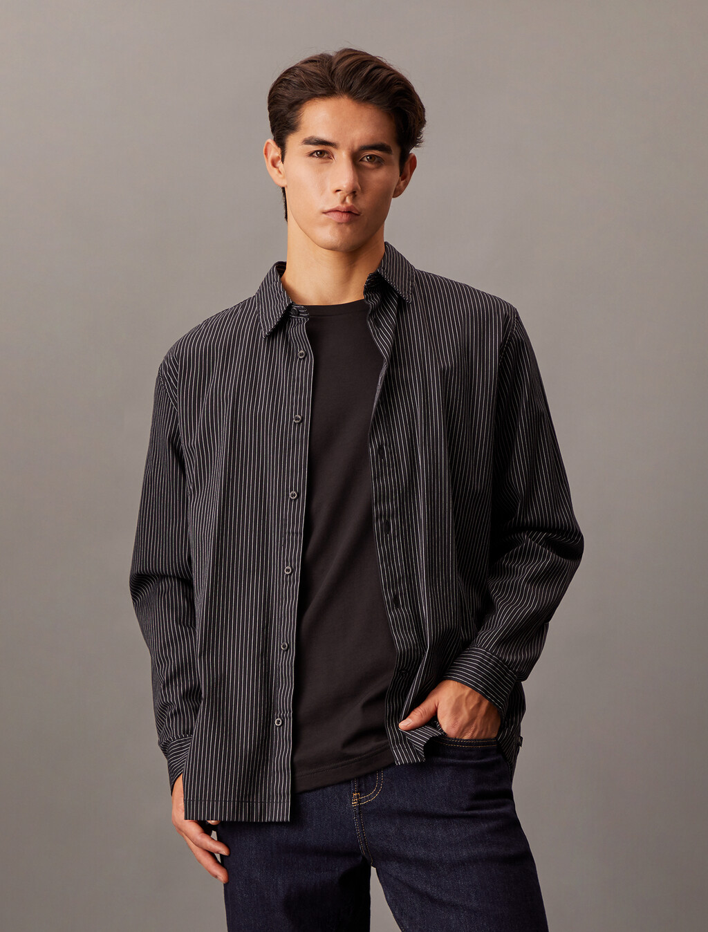 Relaxed Pinstripe Shirt, Ck Black, hi-res