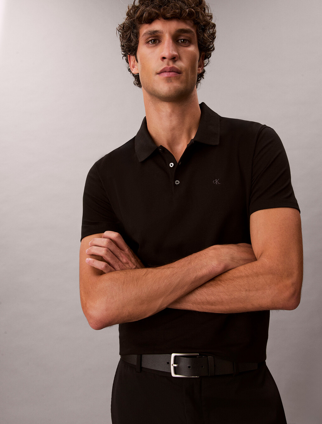 Stretch Cotton Slim Polo, Black, hi-res