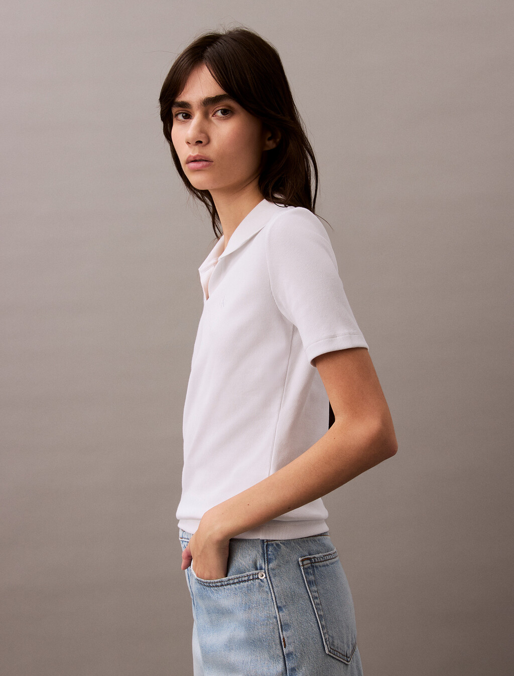 Essential Slim V Neck Polo, Brilliant White, hi-res