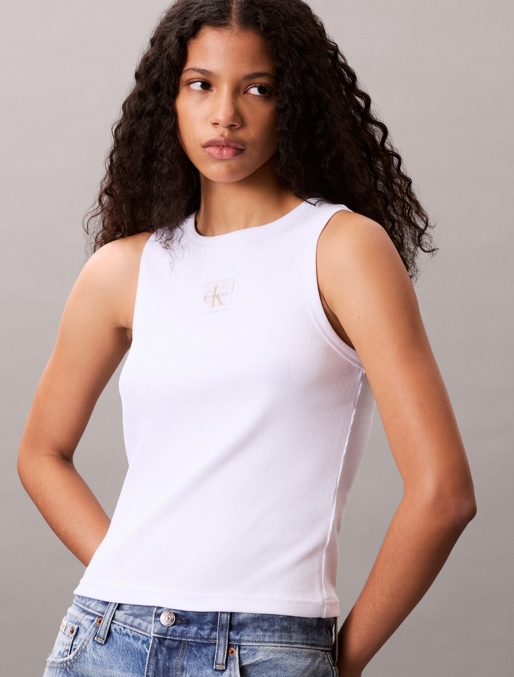 Cotton Stretch Rib Tank Top, Brilliant White, hi-res