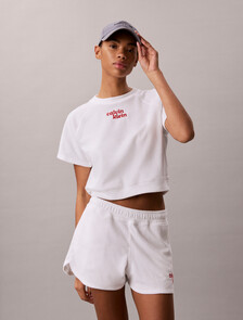 Towel Terry Cropped Short Sleeve Top, Bright White, hi-res