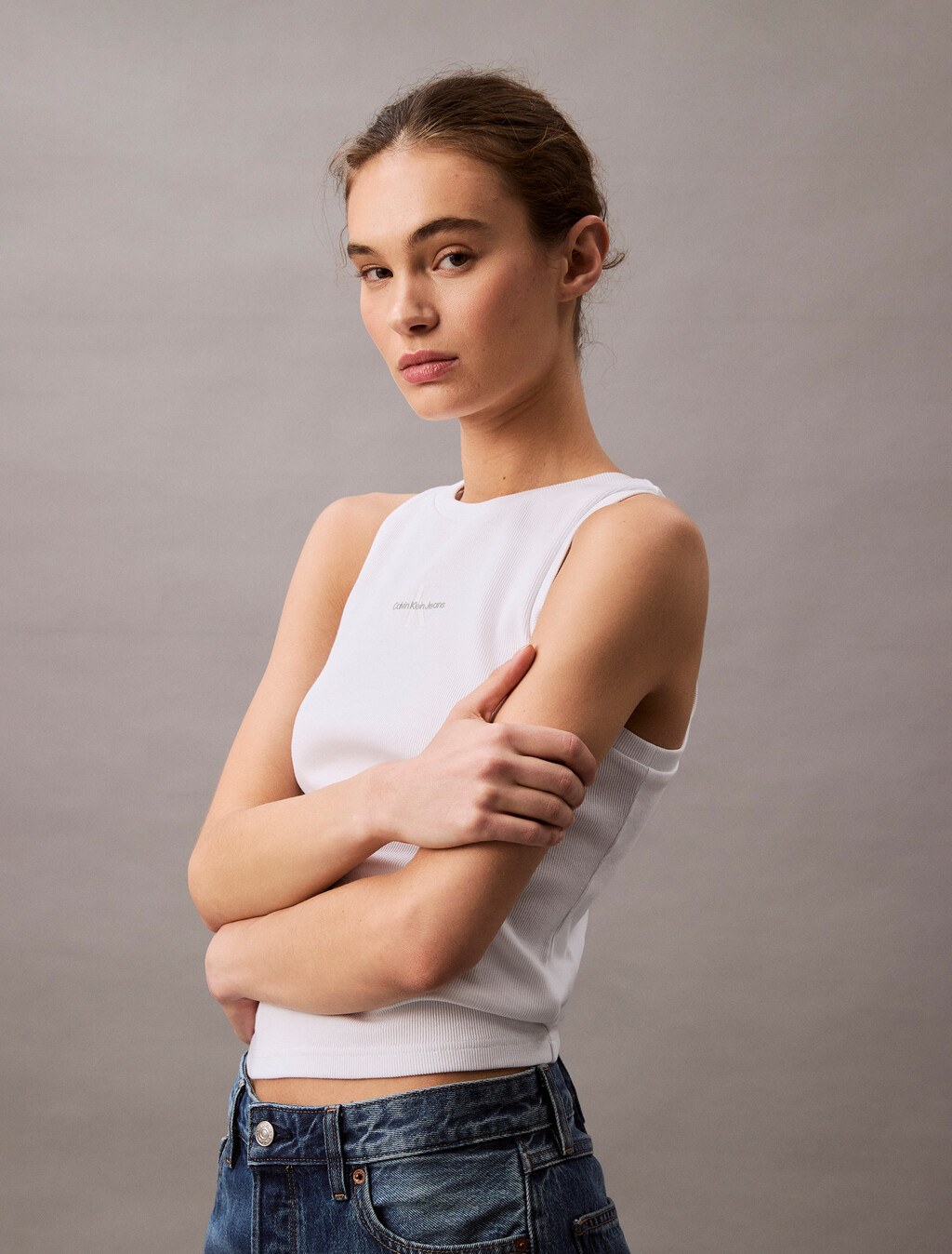 Monogram Rib Knit Tank Top, Brilliant White, hi-res