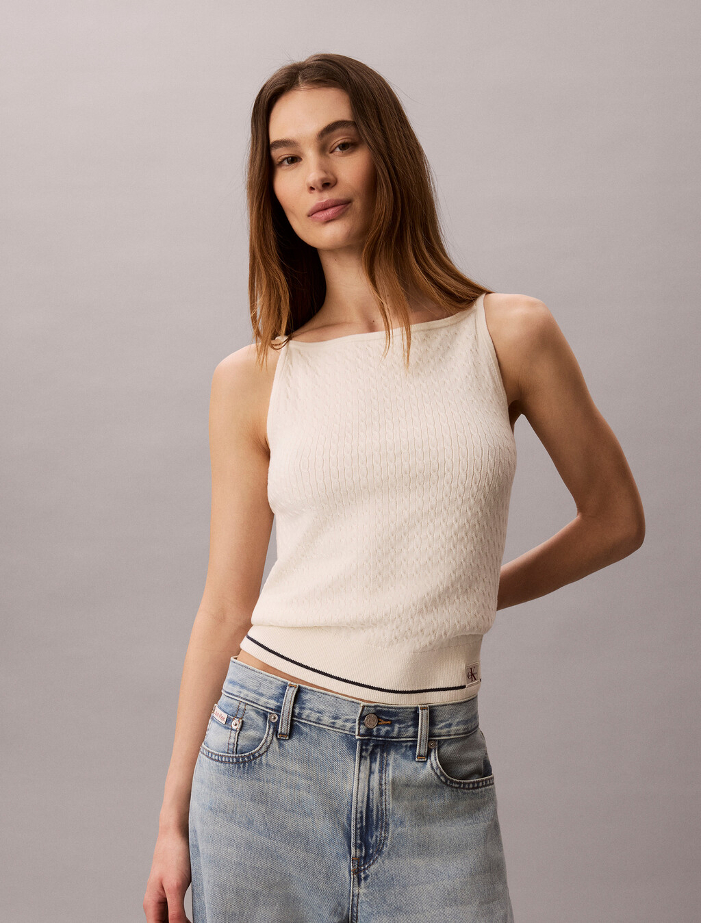 Slim Cable Knit Tank Top, Tofu, hi-res