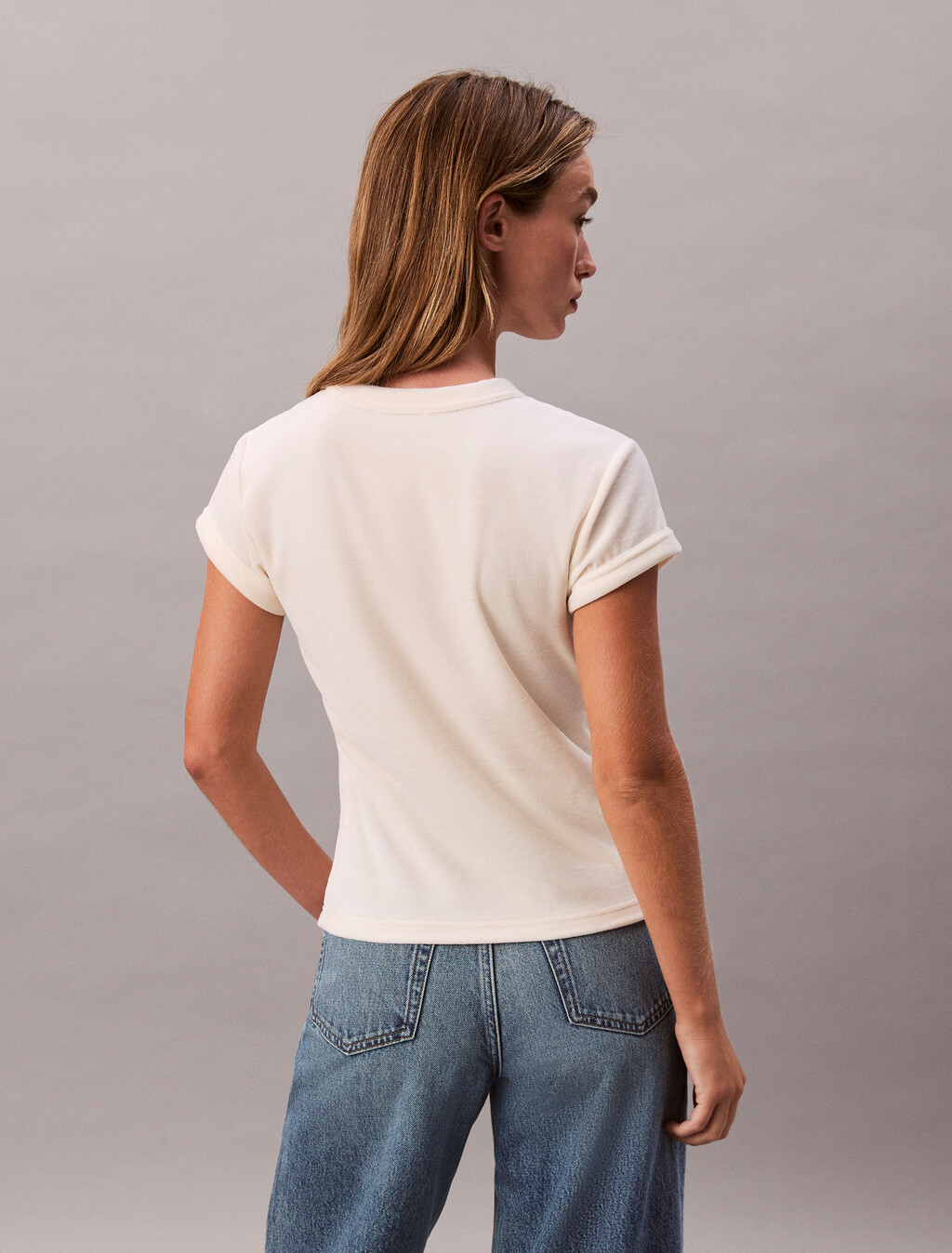 Velour Embossed Logo Graphic Slim T-Shirt, Antique White, hi-res