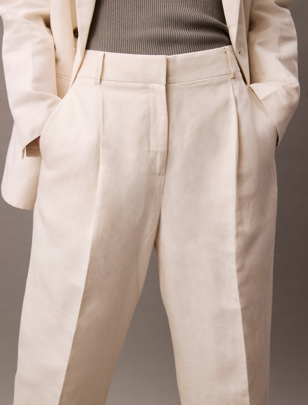 Relaxed Linen Pleated Trousers, Tofu, hi-res