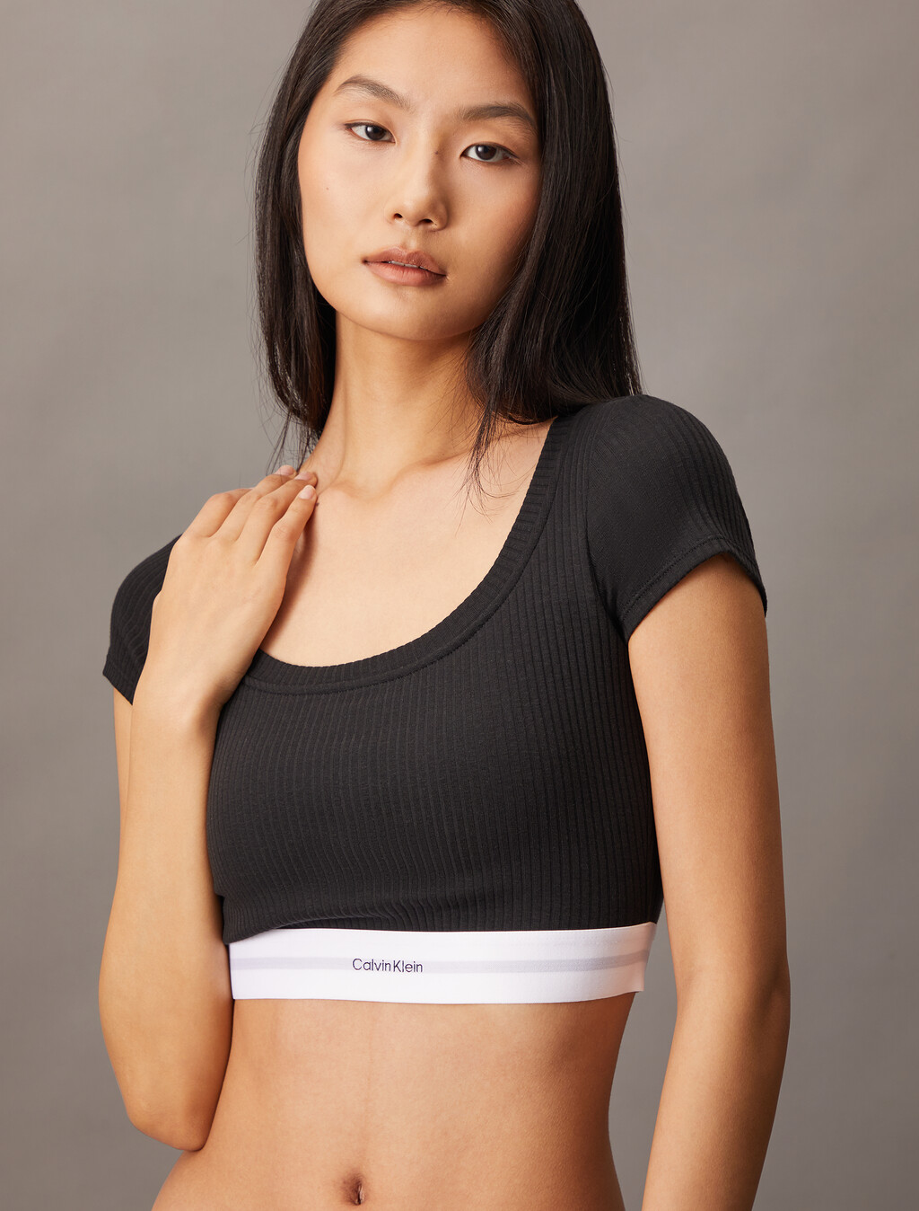 Cotton Modal Rib Knit T-Shirt Bralette, Black, hi-res