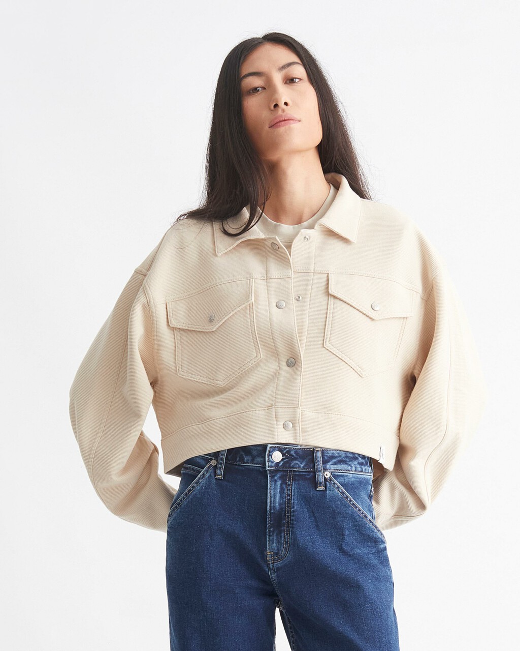 PREMIUM ESSENTIALS CROPPED TRUCKER JACKET, Classic Beige, hi-res