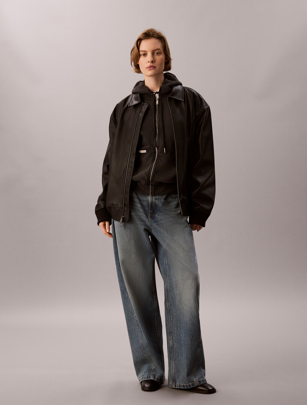 Washed Cotton Terry Zip Through Hoodie, Black, hi-res
