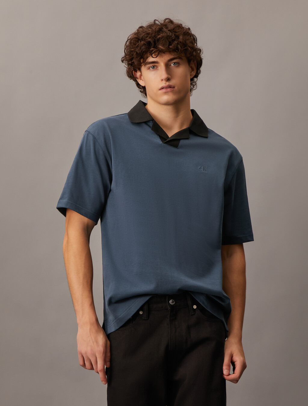 Contrast Open Collar Polo, Ink, hi-res