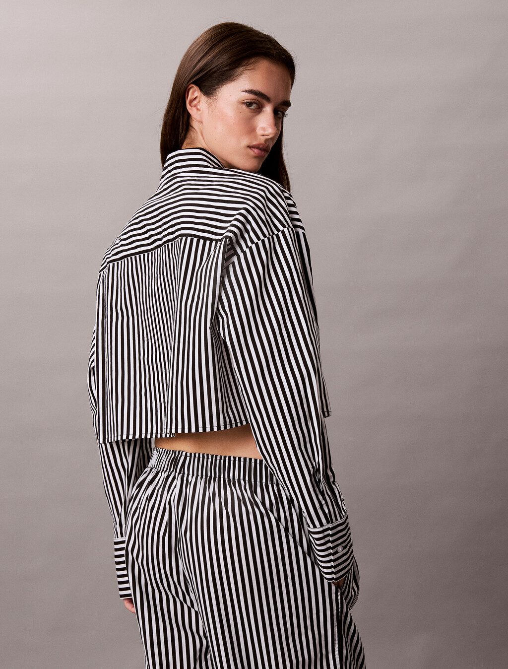 Cropped Cotton Poplin Pyjama Top, PENNY STRIPE+Black, hi-res