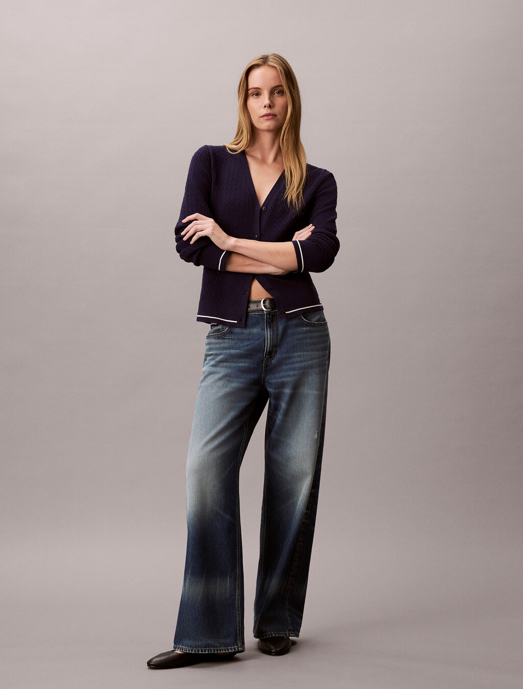 Slim Cable Knit Cardigan, Evening Blue, hi-res